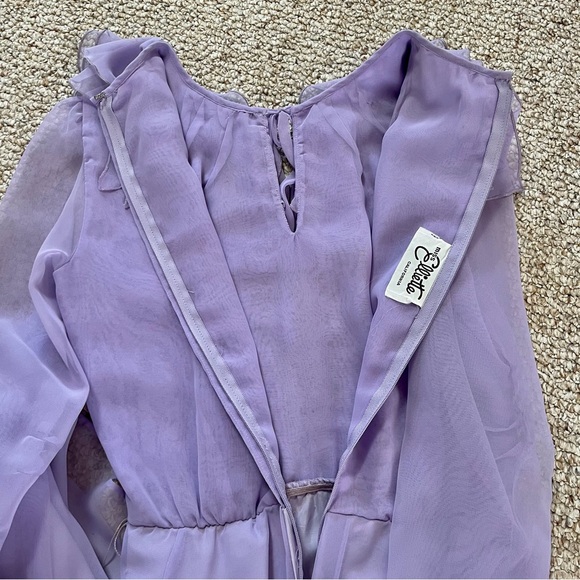 Vintage Miss Elliette purple ruffle midi dress with sheer sleeves and a tie belt - Picture 7 of 9
